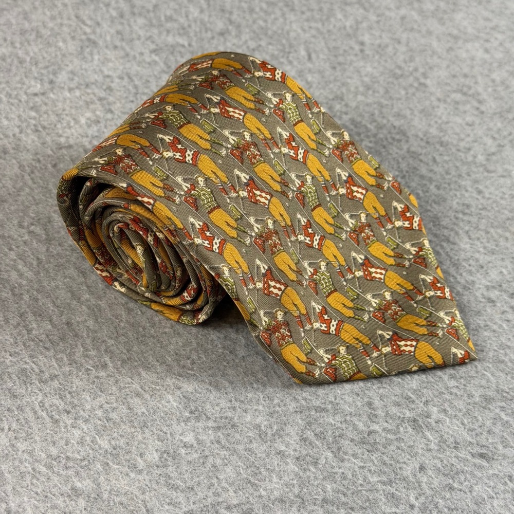 Vintage Salvatore Ferragamo Mens Silk Tie Olive Green Golfers Italy 58x3.5"